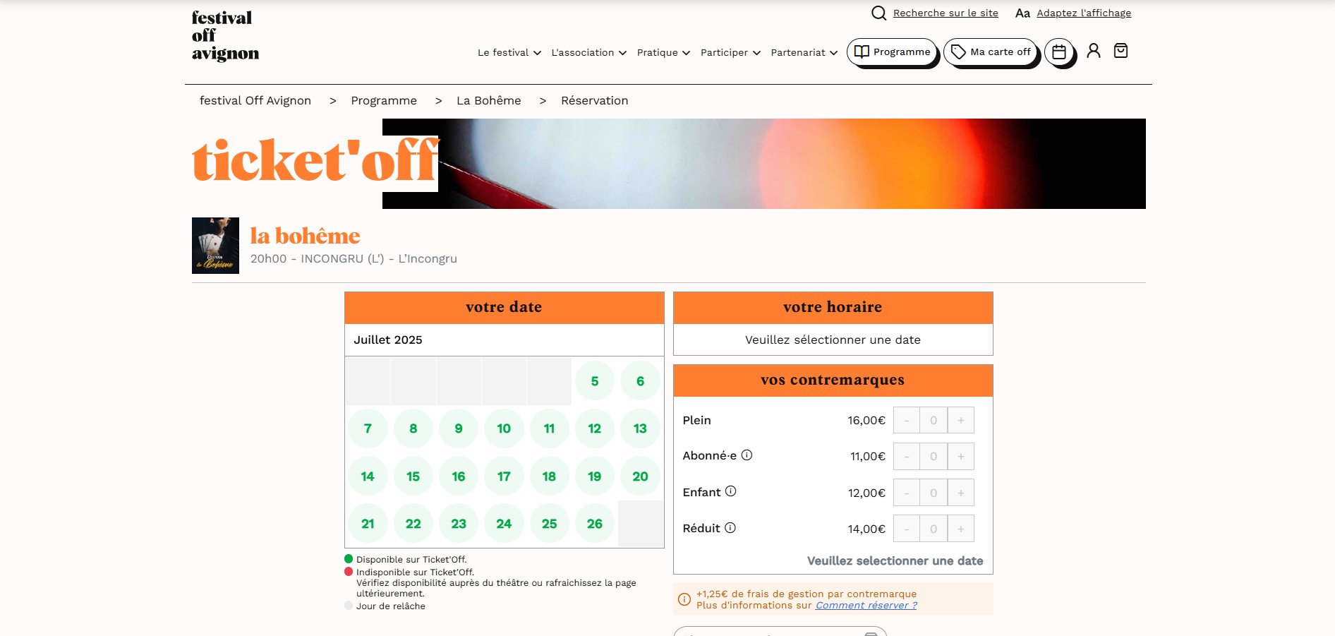 Aperçu de la page de réservation Ticket'Off