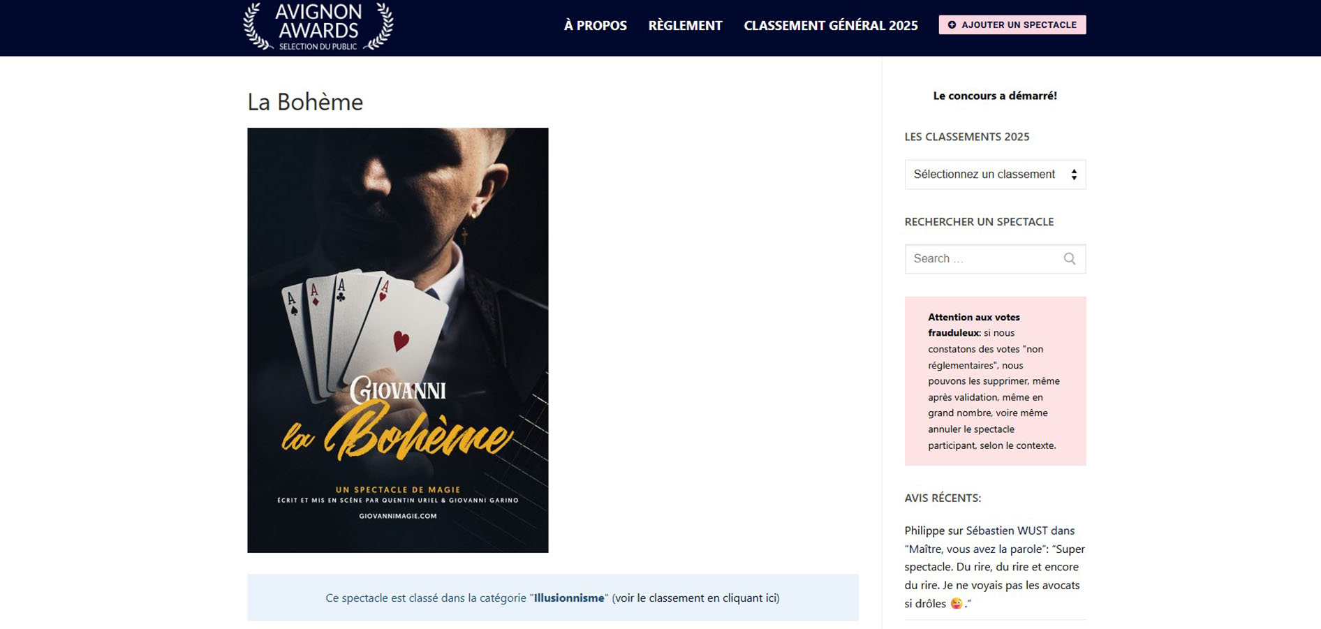 Votez pour La Bohème aux Avignon Awards 2025